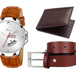 Combo Of Formal And Elegant Brown Day And Date Working Watch & Get Free Belt With Wallet