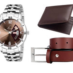 Combo Of Metal Brown Day And Date Working Watch & Get Free Belt With Wallet