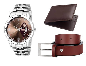Combo Of Metal Brown Day And Date Working Watch & Get Free Belt With Wallet