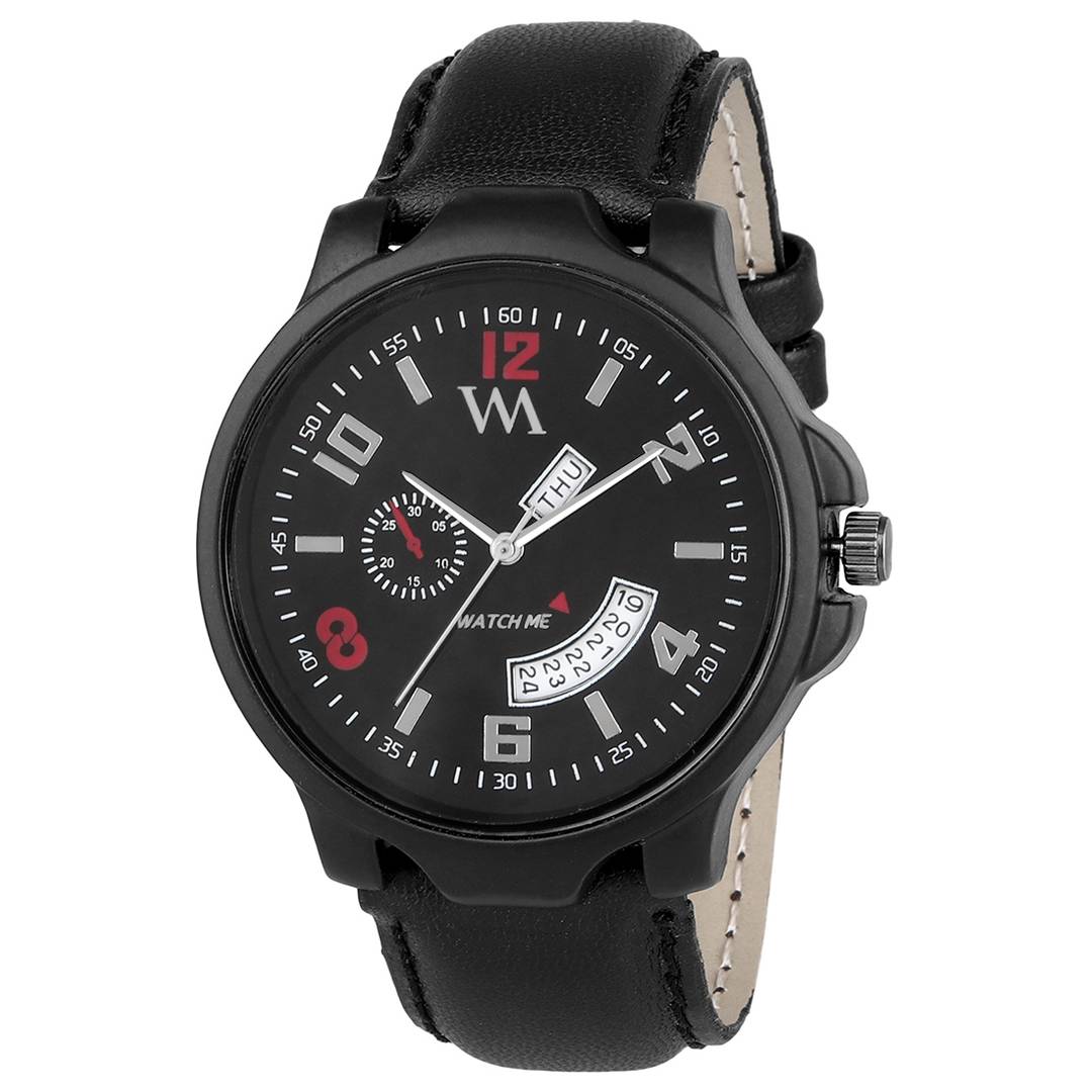 Black Analog Watch With Genuine Leather Strap