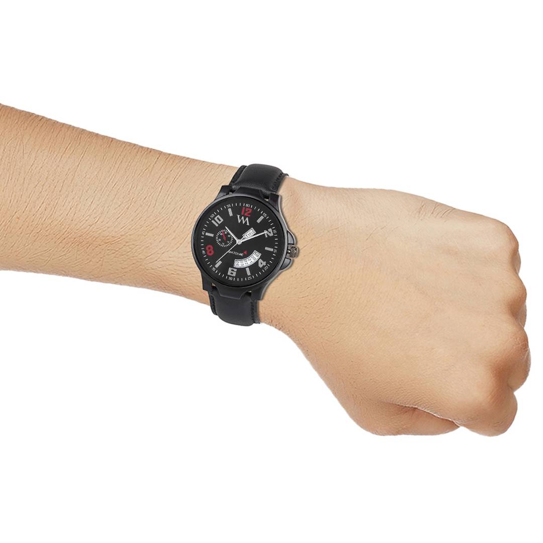 Black Analog Watch With Genuine Leather Strap