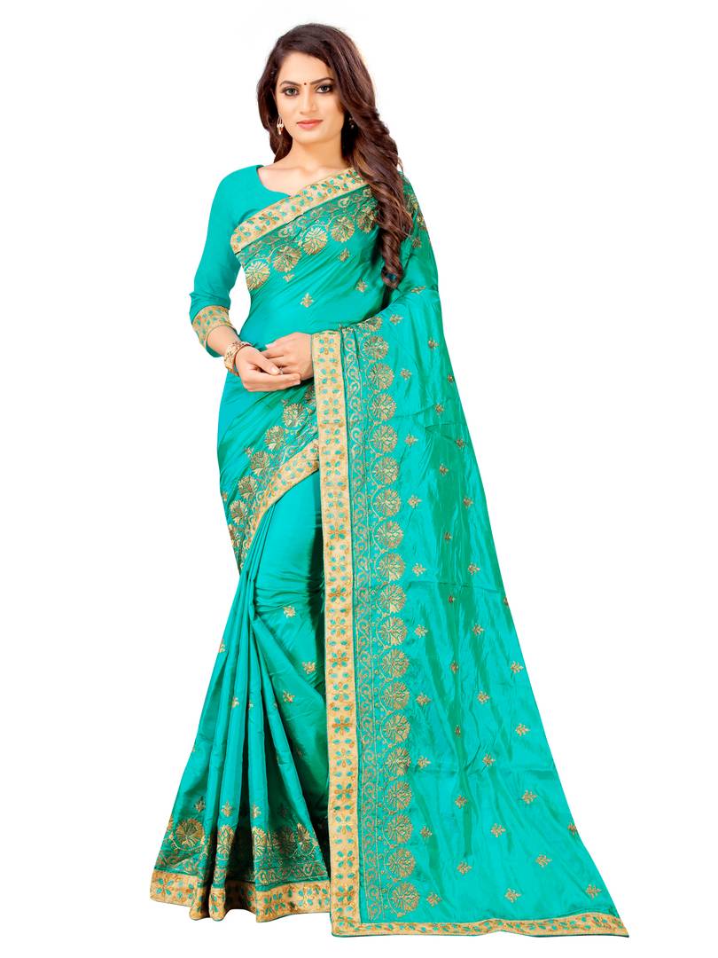 Green Silk Embroidered Saree With Blouse Piece