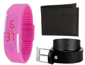 Combo of Digital Pink Silicon Led Watch Get Black Wallet And Belt