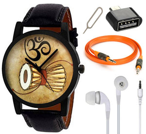 Combo of Damru Mahadev Edition Analog Watch With Aux Cable , OTG Adapter And Earphone Without Mic