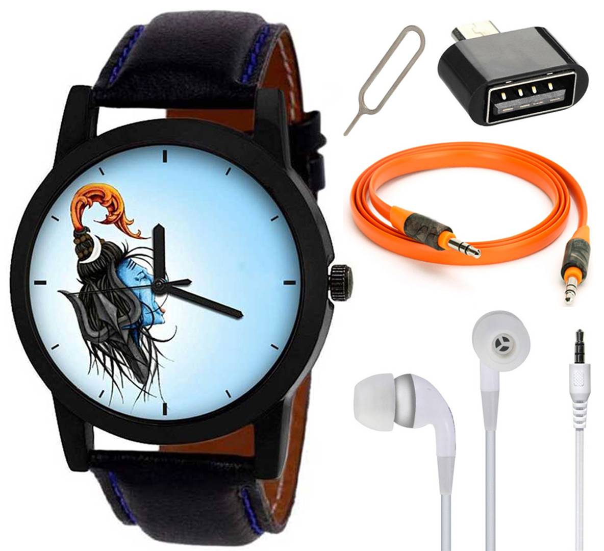 Combo of Jata-Mahadev Edition Analog Wrist Watch With Aux Cable , OTG Adapter And Earphone Without Mic