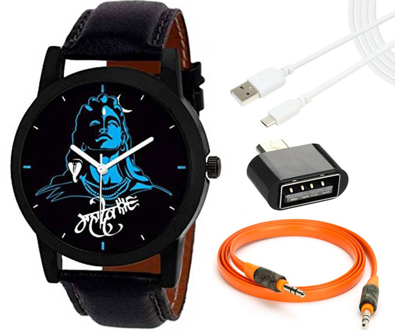 Combo of BLUE MAHADEV Edition Analog watch With Aux Cable , OTG Adapter And Data Cable