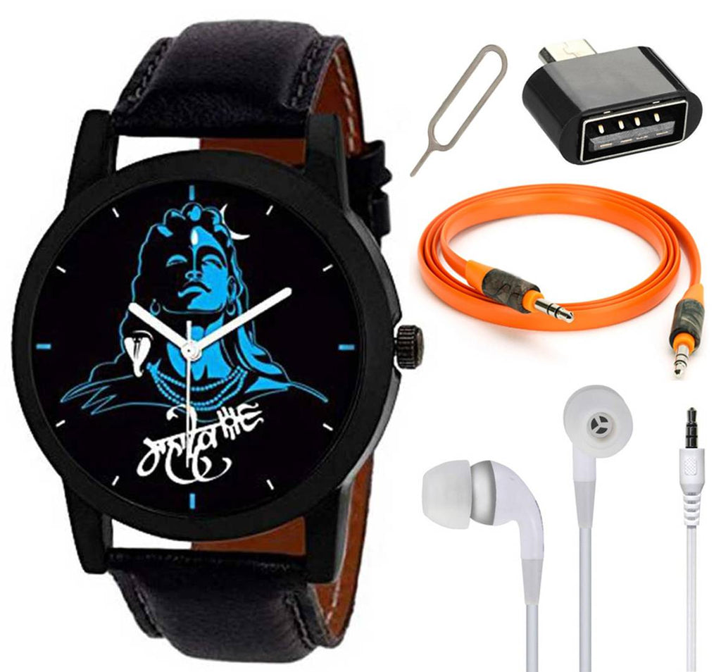 Combo of BLUE MAHADEV Edition Analog watch With Aux Cable , OTG Adapter And Earphone Without Mic