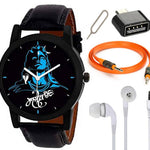 Combo of BLUE MAHADEV Edition Analog watch With Aux Cable , OTG Adapter And Earphone Without Mic
