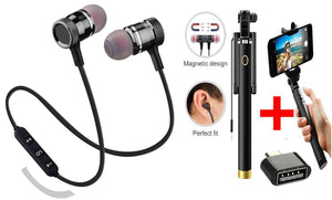 Combo Of Magnetic In-Air Bluetooth Headset With OTG & Black Selfie Stick