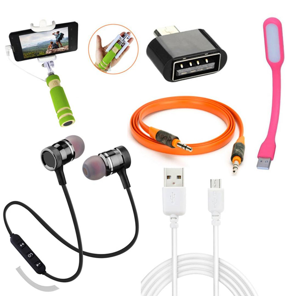 Combo Of Magnetic In-Air Bluetooth Headset With OTG, Aux Cable, Data Cable, USB Light & Selfie Stick