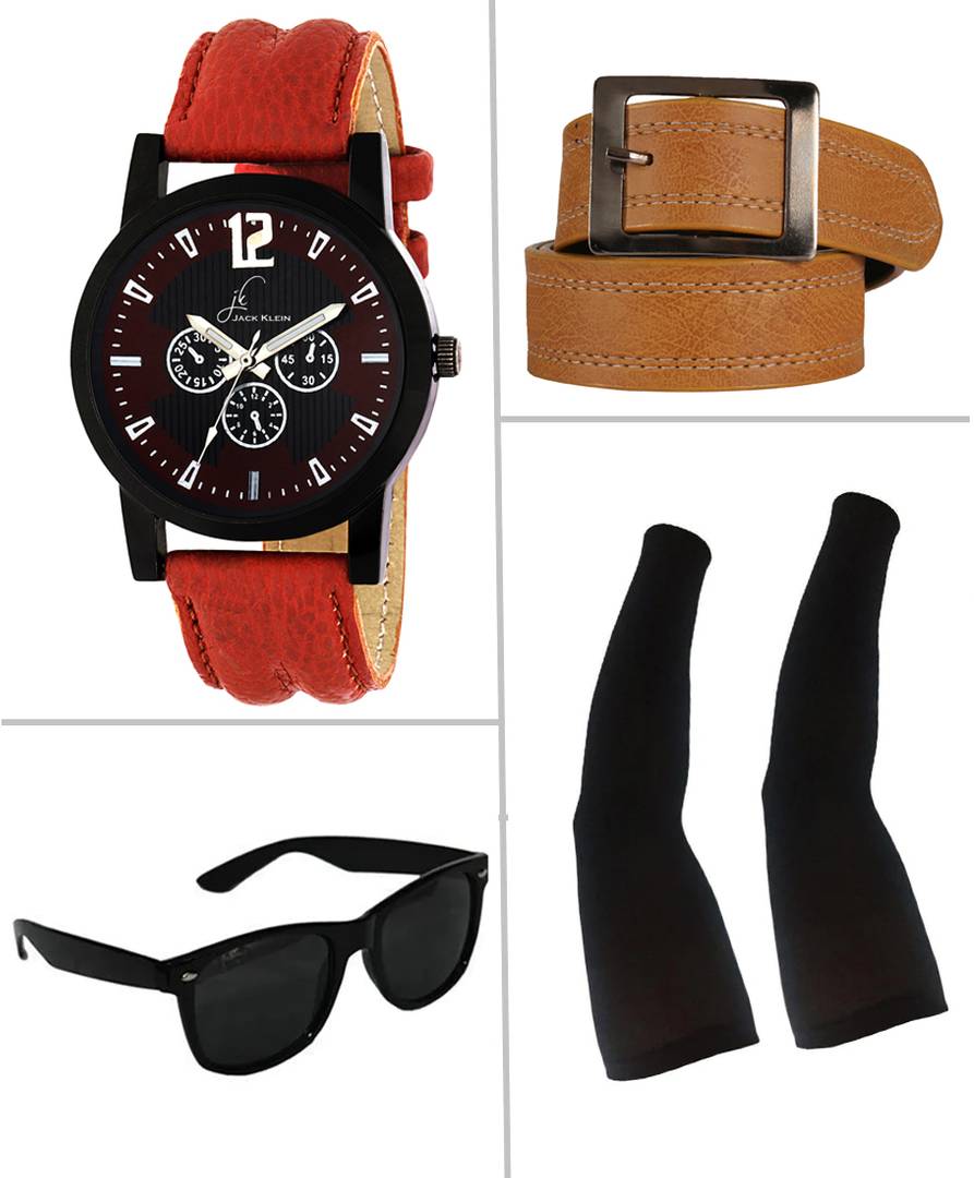 Combo of Elegant Black Dial Red Strap Analog Watch With Brown Belt, Black Arm Sleeves And Wayfarer Sunglasses