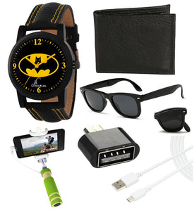 Combo of Black Dial strap Analog watch , Foldable Sunglasses , OTG , Data Cable And Black Wallet
