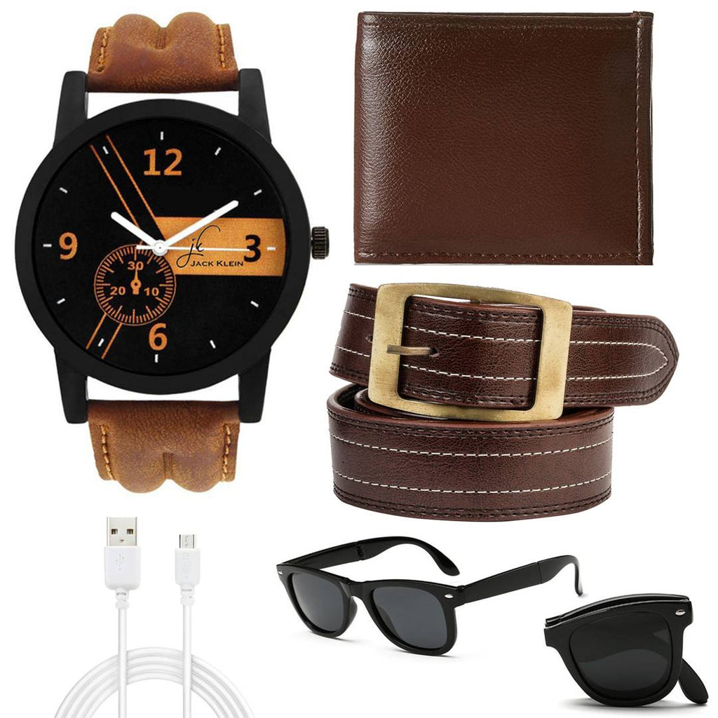 Combo of Black Dial Brown Strap Analog watch , Brown Belt , Wallet , Data Cable And Foldable Sunglass