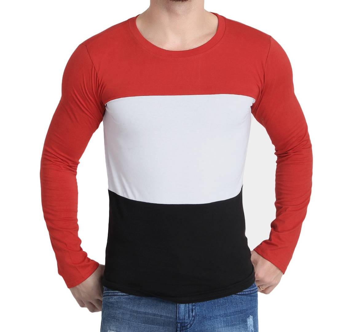 Red White Cotton Colorblocked Full Sleeve T-Shirt