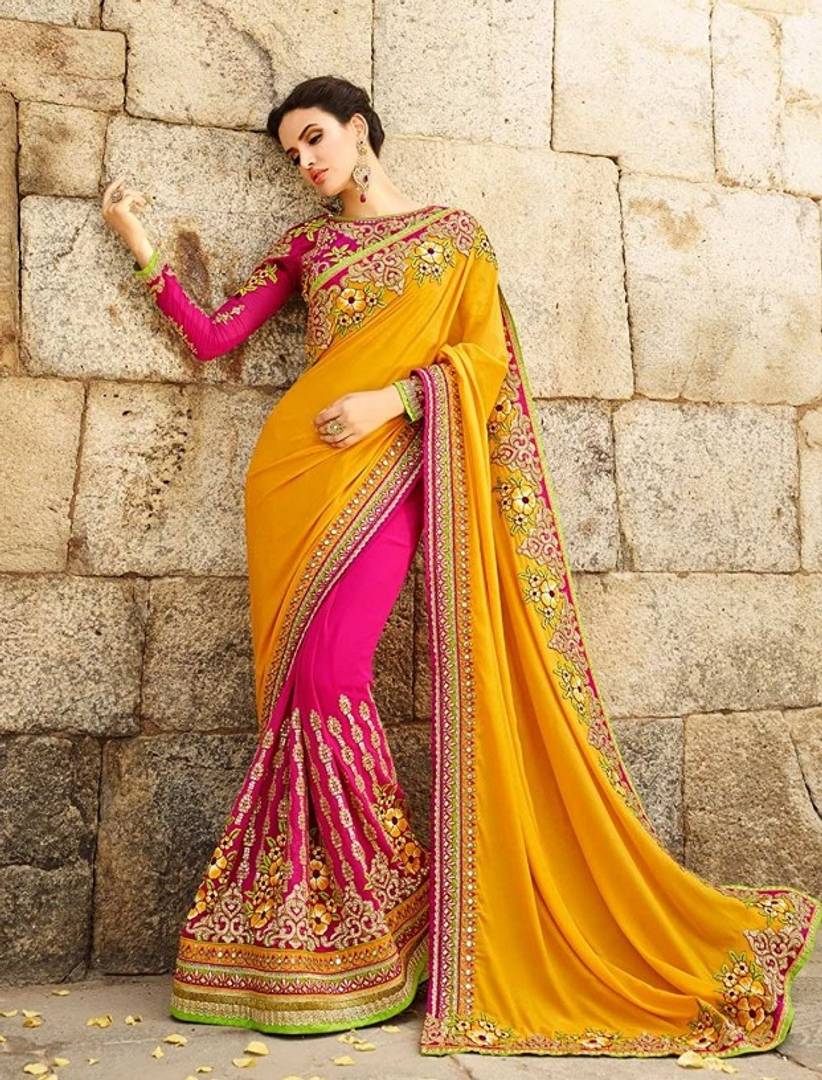 Designer Half Half yellow Color Georgette Bollywood Saree