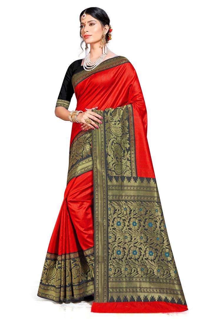 Red Woven Design Art Silk Saree with Blouse piece