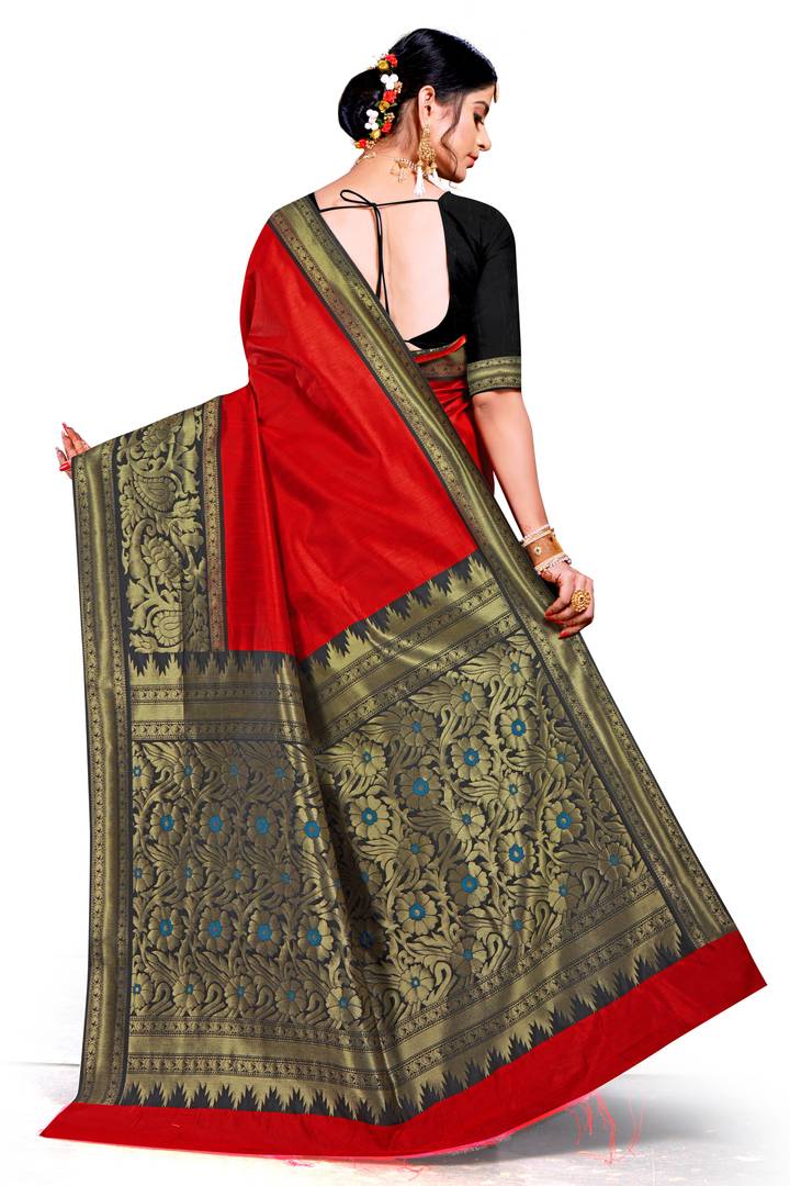 Red Woven Design Art Silk Saree with Blouse piece
