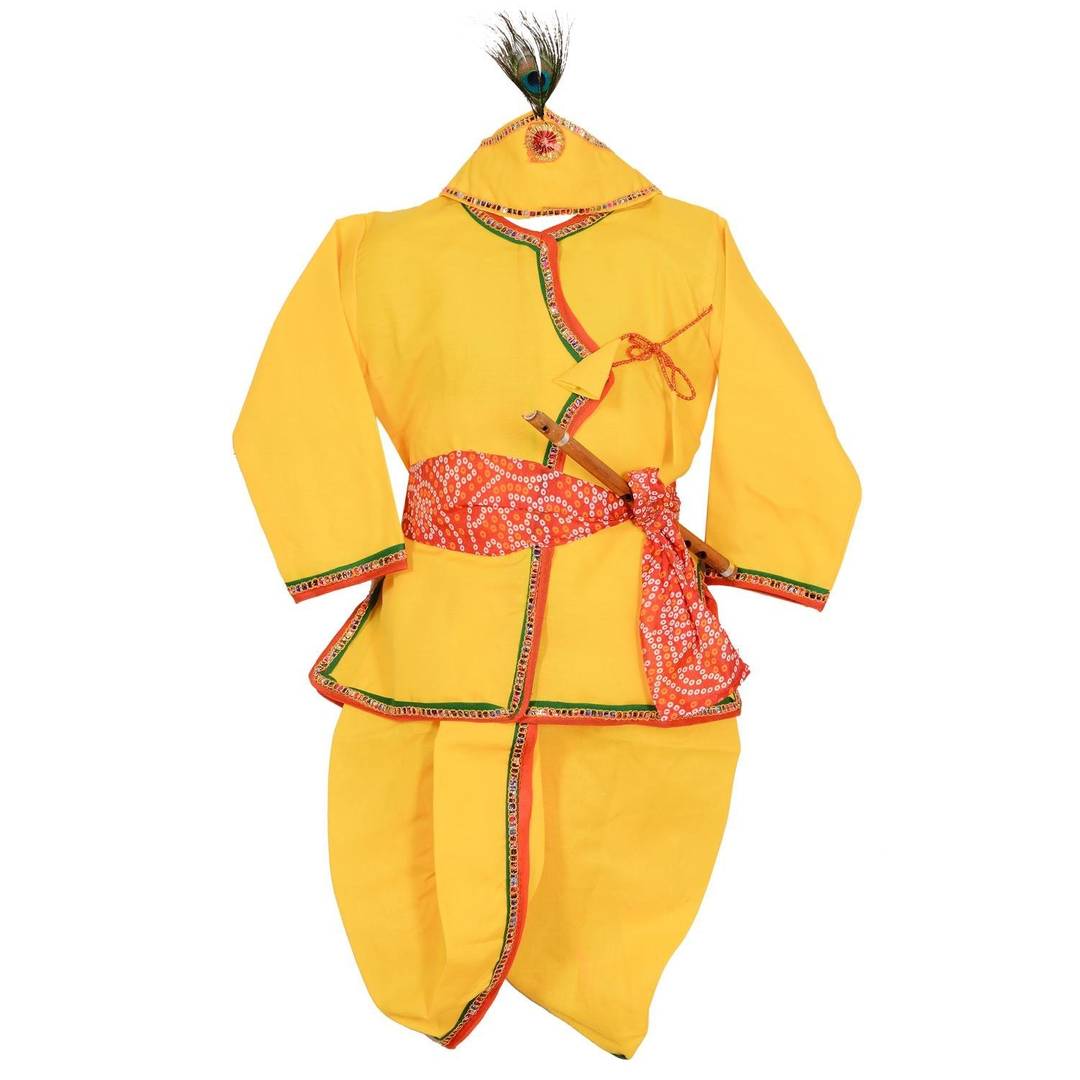 Yellow Krishna Dress Dhoti Kurta For Baby Boys (Pack of 4- Basuri,Mor Pankh Mukut,Bandhni Patka & Dhoti Kurta