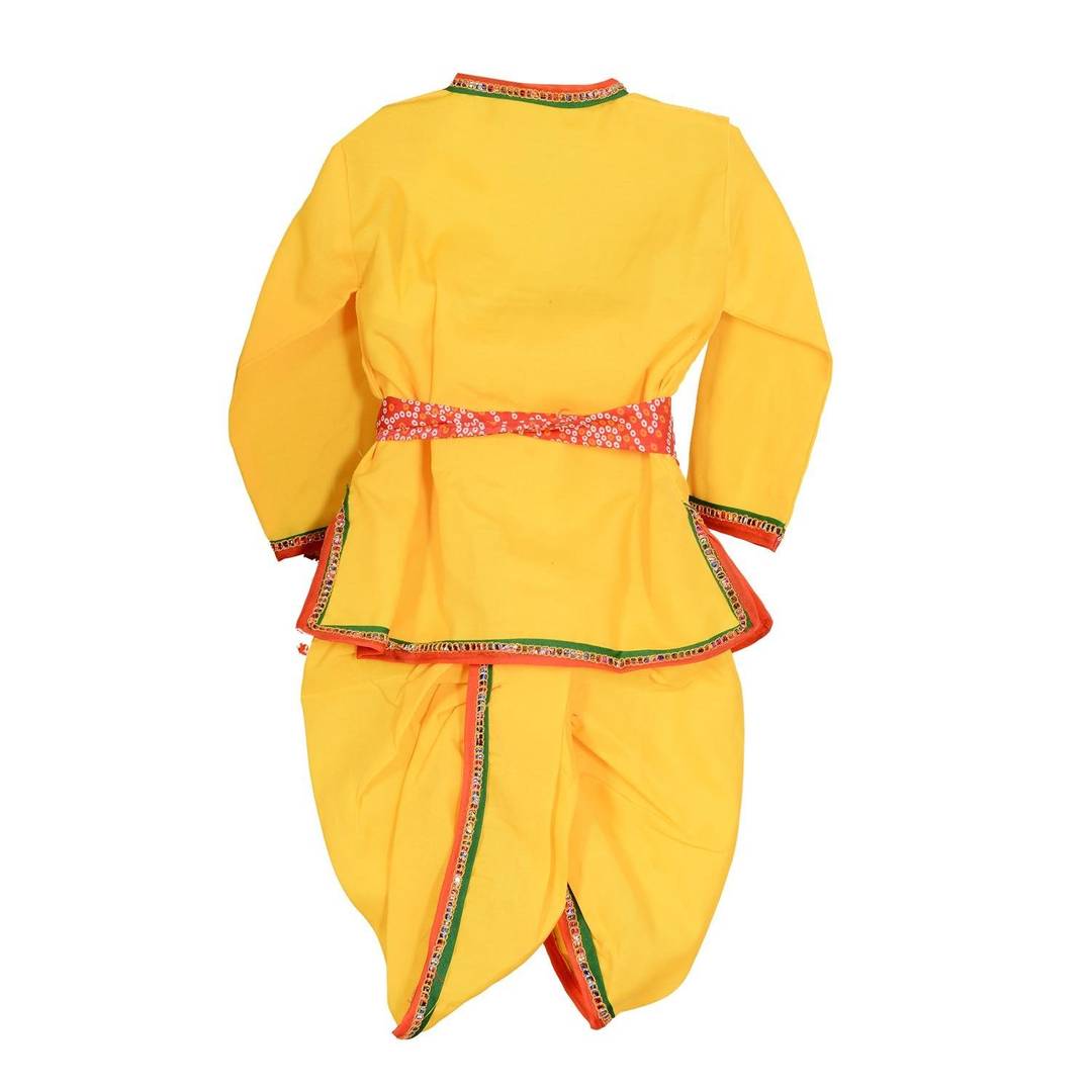 Yellow Krishna Dress Dhoti Kurta For Baby Boys (Pack of 4- Basuri,Mor Pankh Mukut,Bandhni Patka & Dhoti Kurta