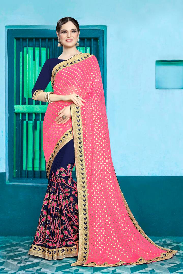 Pink Embroidered Georgette Saree with Blouse piece