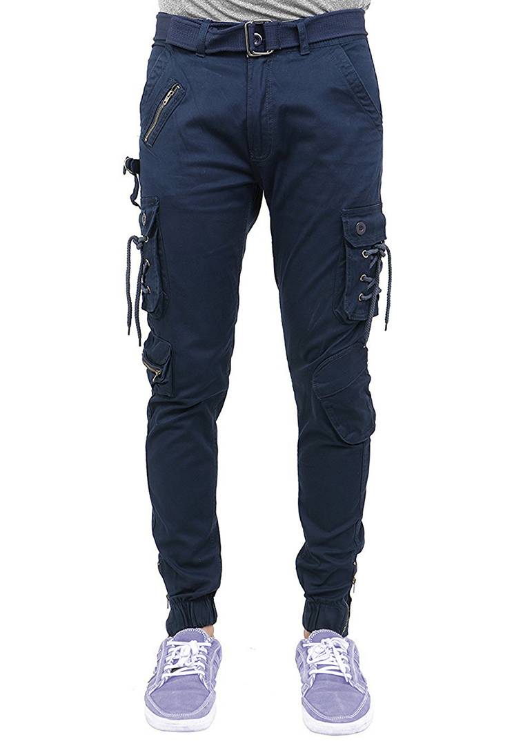 Men's Navy Blue Cotton Blend Solid Regular Fit Cargo