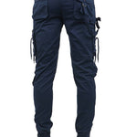 Men's Navy Blue Cotton Blend Solid Regular Fit Cargo