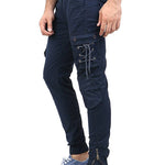 Men's Navy Blue Cotton Blend Solid Regular Fit Cargo