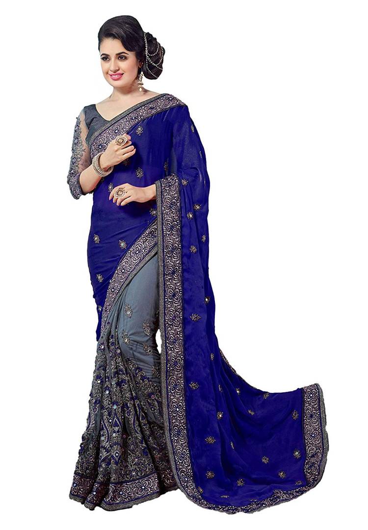 Trendy Navy Blue Georgette Embroidered Saree with Blouse piece