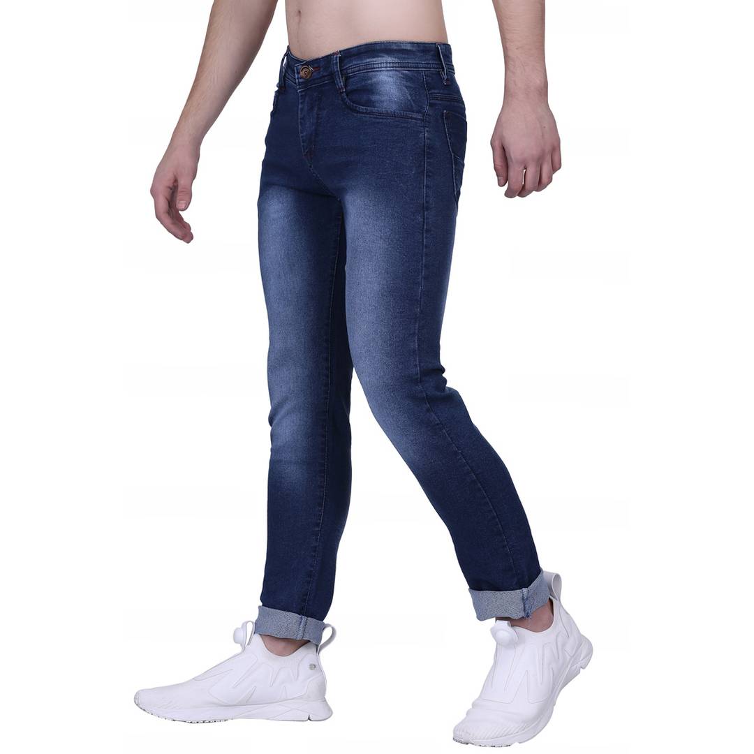 Men's Blue Cotton Blend Faded Slim Fit Jeans