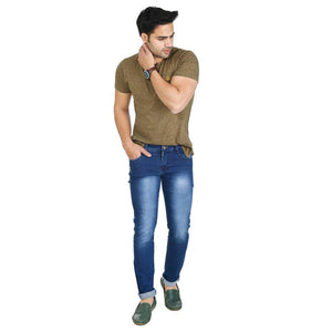 Men's Blue Cotton Blend Faded Slim Fit Mid-Rise Jeans