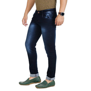 Men's Blue Cotton Blend Acid Wash Slim Fit Mid-Rise Jeans