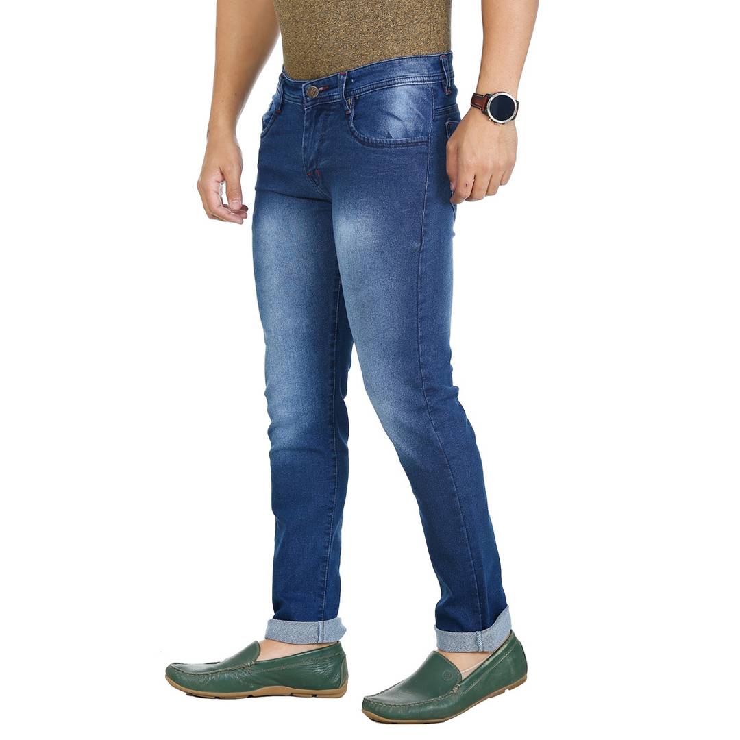 Men's Blue Cotton Blend Faded Slim Fit Mid-Rise Jeans