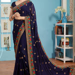 Navy Blue Embroidered Georgette Saree With Blouse Piece