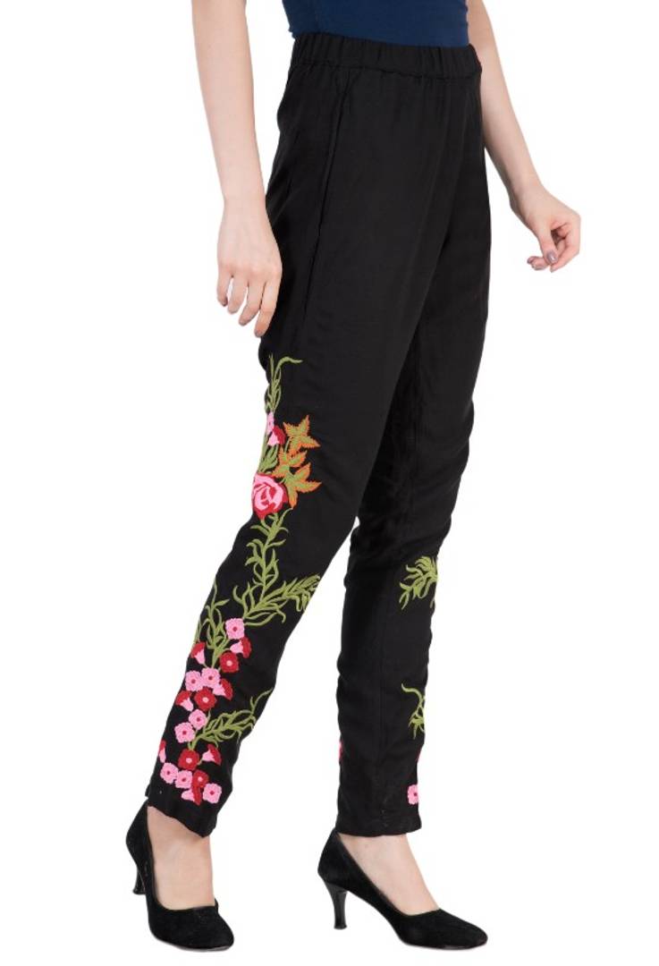 Black Embroidered Cotton Pant For Women's