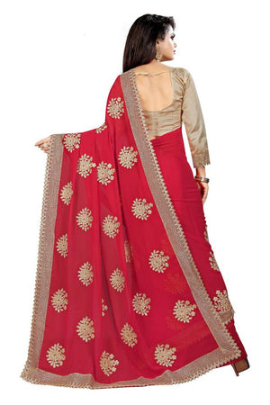 Red Georgette Embroidered  Saree with Blouse piece