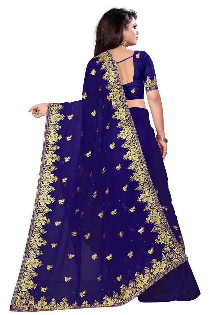 Blue Georgette Embroidered  Saree with Blouse piece