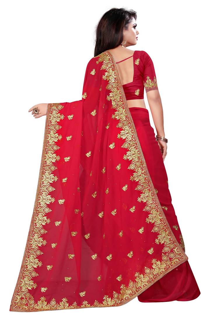 Red Georgette Embroidered  Saree with Blouse piece