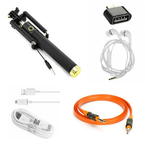 Combo Of Black Selfie Stick, Aux Cable, OTG, Earphone & Data Cable