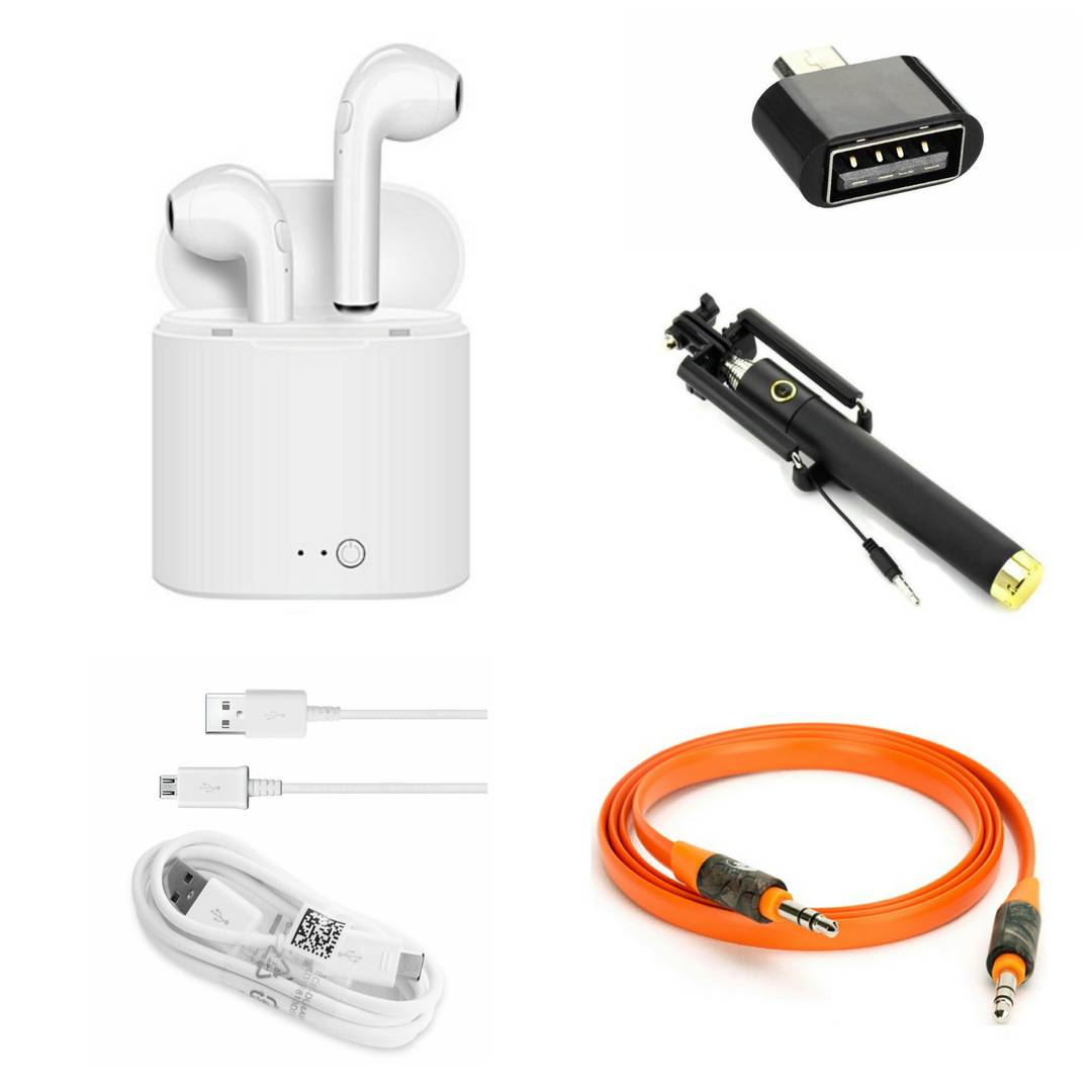 Combo Of Black Selfie Stick, Aux Cable, OTG, Double Bluetooth & Data Cable