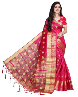 Pink Self Pattern Banarasi Silk Saree With Blouse Piece