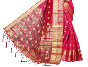 Pink Self Pattern Banarasi Silk Saree With Blouse Piece