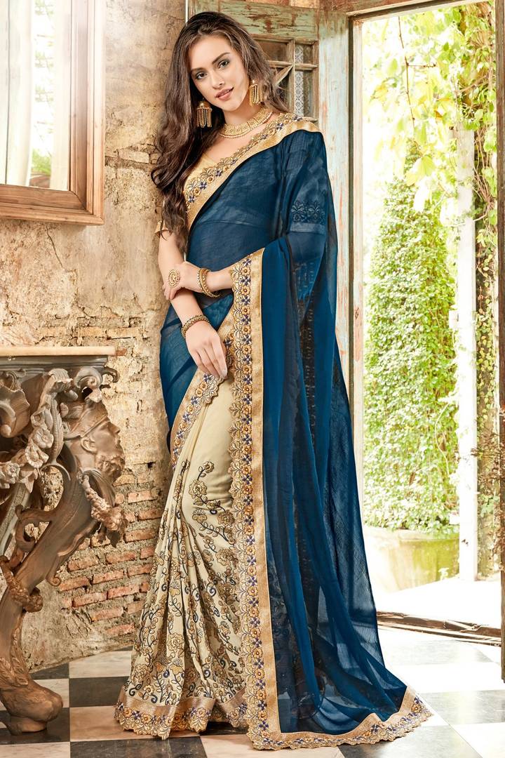 Blue and Beige Shahi Chiffon  Embroidered Saree with Blouse