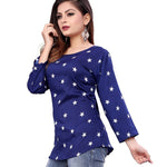Women's Blue Crepe Printed Regular Length Top