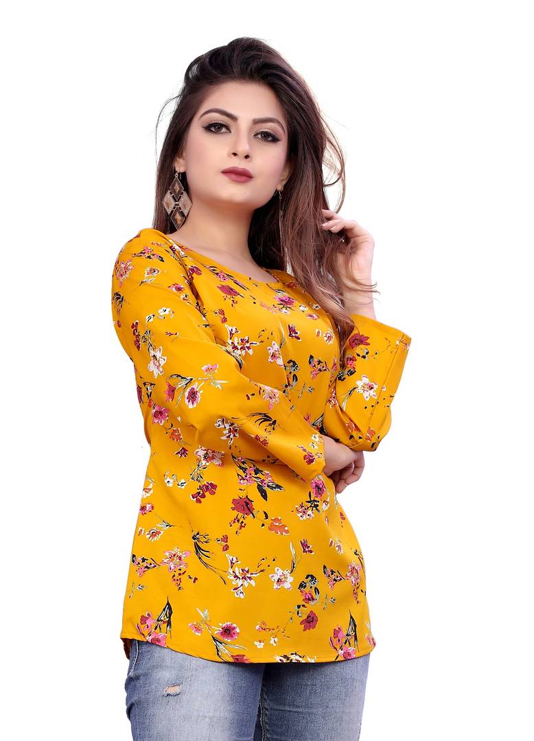 Women's Yellow Crepe Printed Regular Length Top