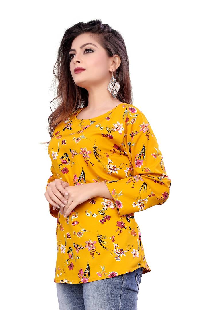 Women's Yellow Crepe Printed Regular Length Top