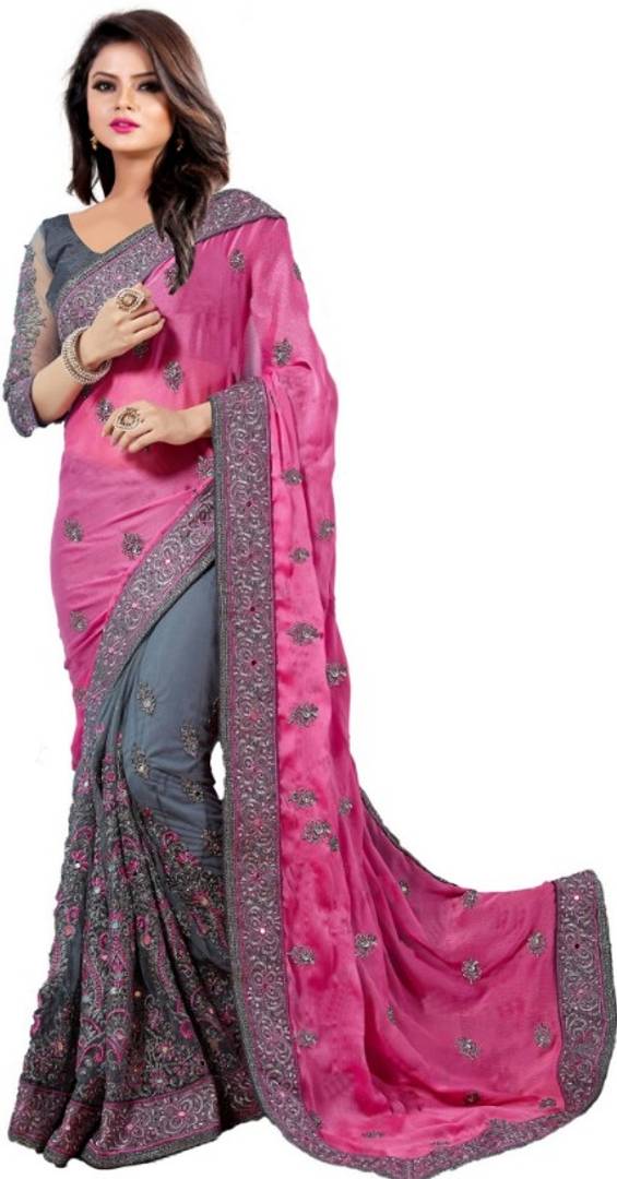 Stylish Multicolored Chiffon Embroidered Saree with Blouse piece