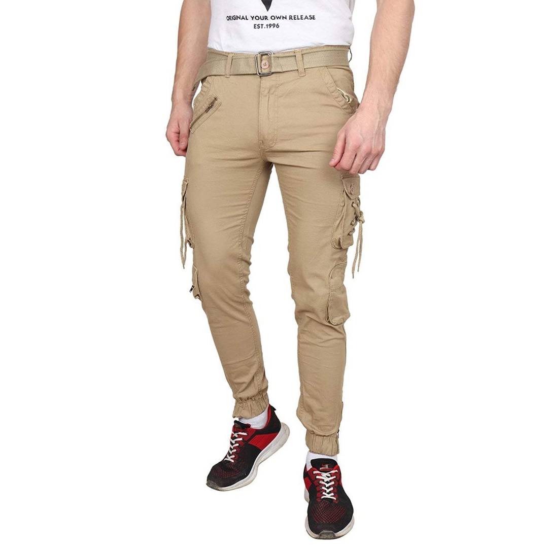 Men's Beige Cotton Blend Mid-Rise Solid Regular Fit Cargo