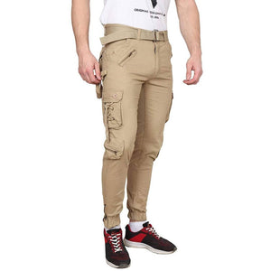 Men's Beige Cotton Blend Mid-Rise Solid Regular Fit Cargo