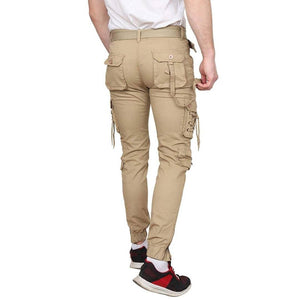 Men's Beige Cotton Blend Mid-Rise Solid Regular Fit Cargo