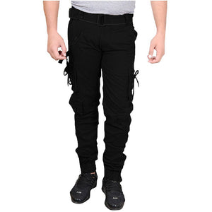 Men's Black Cotton Blend Mid-Rise Solid Regular Fit Cargo